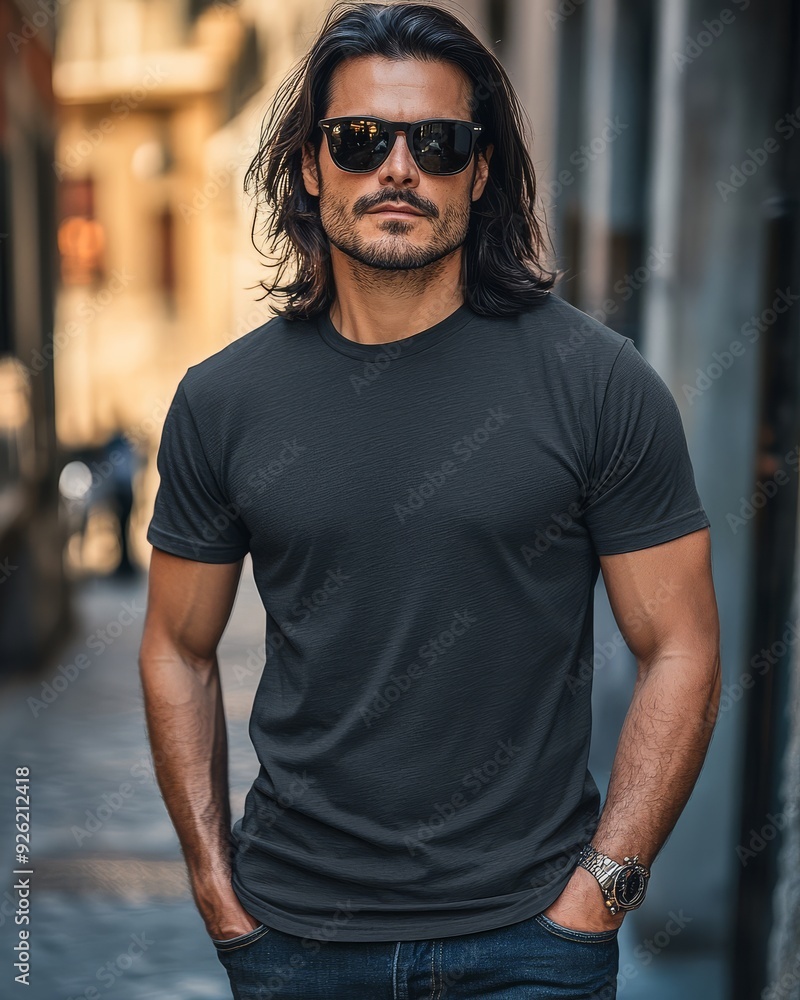 Handsome model poses confidently in a trendy blank t-shirt while wearing sunglasses Handsome model poses confidently in a trendy blank t-shirt while wearing sunglasses
