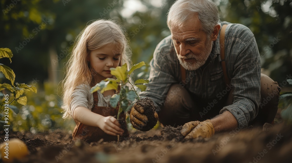 Heartwarming moment of a grandfather and his young granddaughter planting a tree together in the garden. Generational bond, nature care, environmental education, family love. Heartwarming moment of a grandfather and his young granddaughter planting a tree together in the garden. Generational bond, nature care, environmental education, family love.