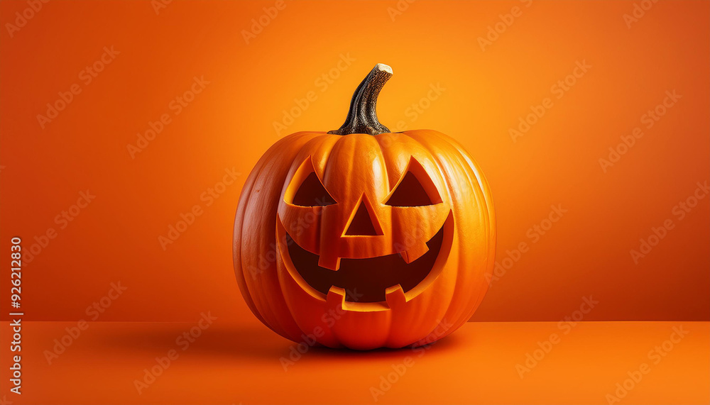Vibrant Halloween Jack-O'-Lantern with Classic Carved Smile on Bright Orange Background. Banner Poster Background Wallpaper With Copy Space. Festive Autumn Night Handmade Pumpkin Lantern Vibrant Halloween Jack-O'-Lantern with Classic Carved Smile on Bright Orange Background. Banner Poster Background Wallpaper With Copy Space. Festive Autumn Night Handmade Pumpkin Lantern