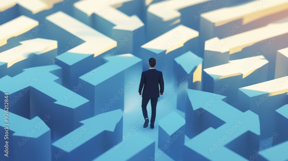 A businessman navigating a complex maze of arrows, symbolizing decision-making and strategic planning in a professional environment. A businessman navigating a complex maze of arrows, symbolizing decision-making and strategic planning in a professional environment.