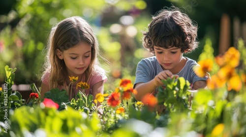Fototapeta Naklejka Na Ścianę i Meble -  Editorial photography of children gardening with colorful flowers and vegetables in a sunny garden playful and educational atmosphere
