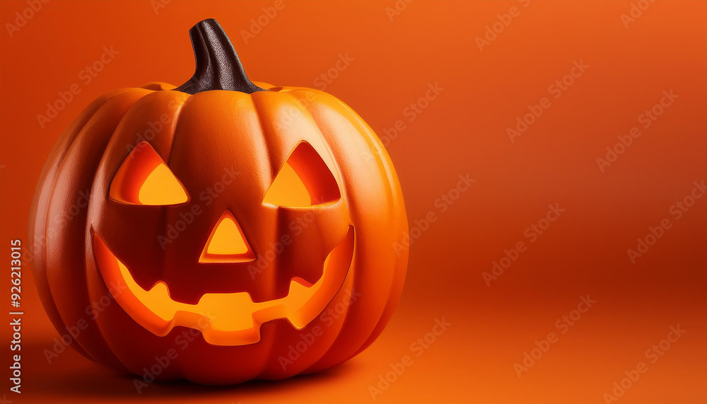 Vibrant Halloween Jack-O'-Lantern with Classic Carved Smile on Bright Orange Background. Banner Poster Background Wallpaper With Copy Space. Festive Autumn Night Handmade Pumpkin Lantern Vibrant Halloween Jack-O'-Lantern with Classic Carved Smile on Bright Orange Background. Banner Poster Background Wallpaper With Copy Space. Festive Autumn Night Handmade Pumpkin Lantern