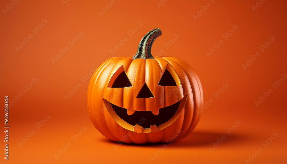 Vibrant Halloween Jack-O'-Lantern with Classic Carved Smile on Bright Orange Background. Banner Poster Background Wallpaper With Copy Space. Festive Autumn Night Handmade Pumpkin Lantern Vibrant Halloween Jack-O'-Lantern with Classic Carved Smile on Bright Orange Background. Banner Poster Background Wallpaper With Copy Space. Festive Autumn Night Handmade Pumpkin Lantern