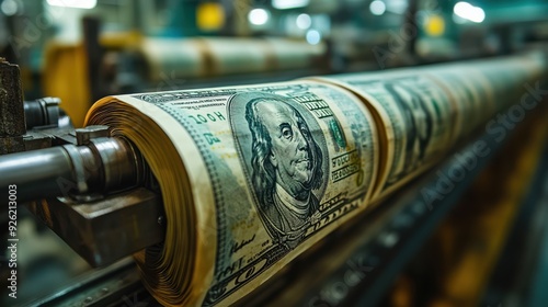 Closeup of a money printing press machine, printing hundred-dollar bills in a factory. Financial and economic concept, focusing on currency production and the creation of wealth.