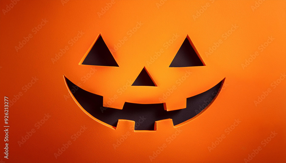 Glowing Jack-O'-Lantern Face Carved in Pumpkin. Halloween Symbol Illuminated with Warm Orange Light, Featuring Triangular Eyes, Nose, and Zigzag Mouth on a Smooth Textured Background. Banner With Copy Glowing Jack-O'-Lantern Face Carved in Pumpkin. Halloween Symbol Illuminated with Warm Orange Light, Featuring Triangular Eyes, Nose, and Zigzag Mouth on a Smooth Textured Background. Banner With Copy