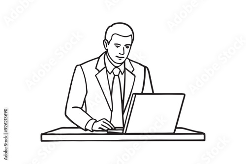 business man work with laptop, line art vector  silhouette illustration