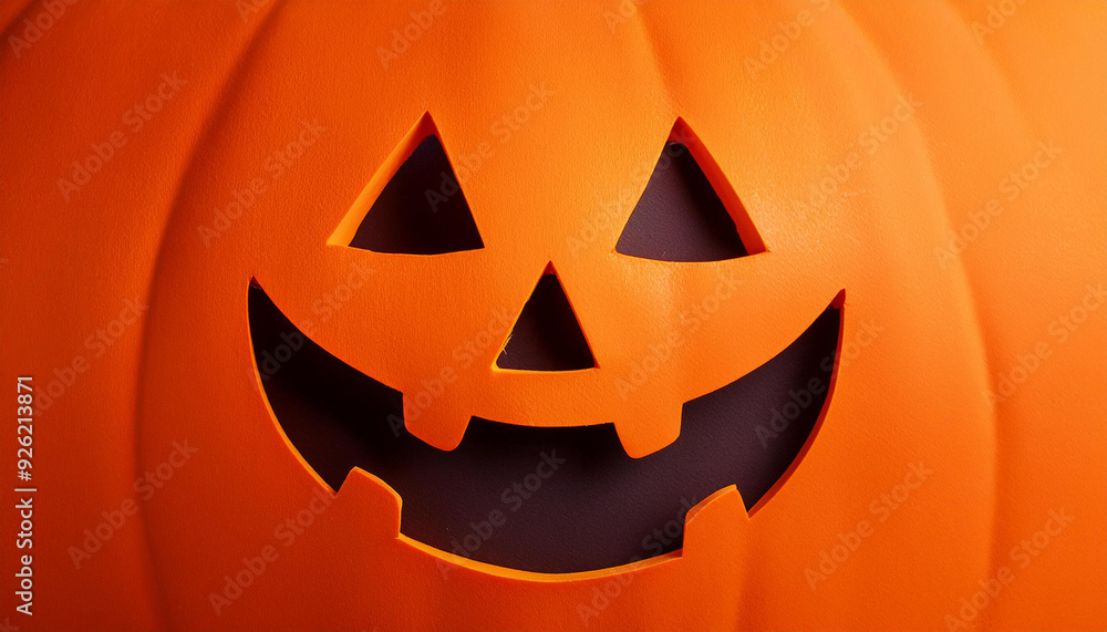 Glowing Jack-O'-Lantern Face Carved in Pumpkin. Halloween Symbol Illuminated with Warm Orange Light, Featuring Triangular Eyes, Nose, and Zigzag Mouth on a Smooth Textured Background. Banner With Copy Glowing Jack-O'-Lantern Face Carved in Pumpkin. Halloween Symbol Illuminated with Warm Orange Light, Featuring Triangular Eyes, Nose, and Zigzag Mouth on a Smooth Textured Background. Banner With Copy