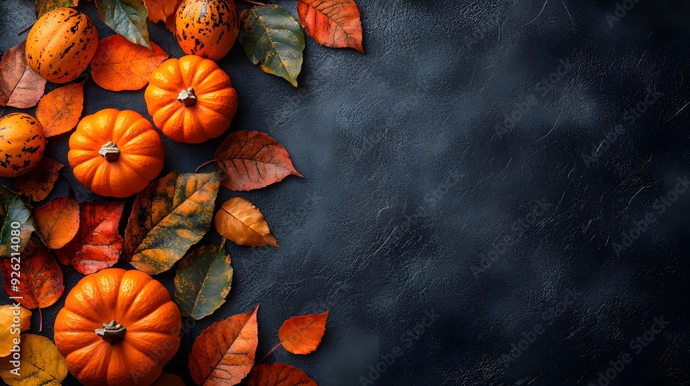 Pumpkin and autumn leaves arranged on a dark background, perfect for Thanksgiving-themed visuals with copy space. Pumpkin and autumn leaves arranged on a dark background, perfect for Thanksgiving-themed visuals with copy space.