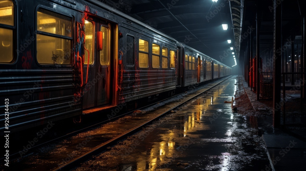 Commuter train at metro railway station at night. Neural network ai generated art Commuter train at metro railway station at night. Neural network ai generated art