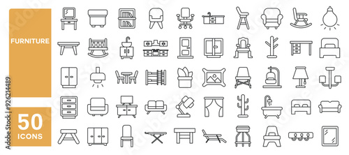 Set of 50 line icons related to furniture, table, bed, sofa, chair, lamp, wardrobe, mirror, desk, kitchen, ladder, Editable stroke. Vector illustration