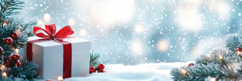 Snowy Christmas Gift Box with Pine and Red Ornaments Snowy Christmas Gift Box with Pine and Red Ornaments