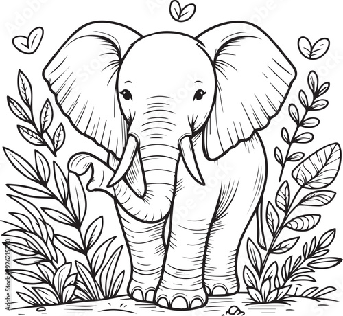 A elephant line art coloring book illustration for kids