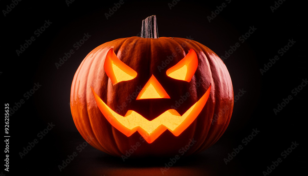 Glowing Jack-o'-Lantern with Menacing Expression Illuminated Against a Black Background, Spooky Spirit of Halloween Autumn Holiday Night with Sharp, Angular Eyes and a Sinister Zigzag Smile Pumpkin Glowing Jack-o'-Lantern with Menacing Expression Illuminated Against a Black Background, Spooky Spirit of Halloween Autumn Holiday Night with Sharp, Angular Eyes and a Sinister Zigzag Smile Pumpkin