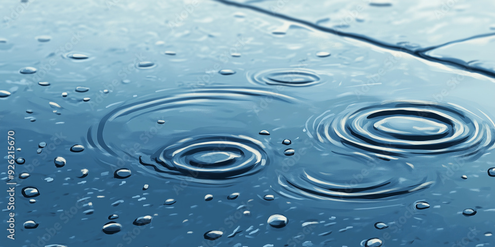 Close-up of raindrops hitting a puddle on a sidewalk, flat illustration Close-up of raindrops hitting a puddle on a sidewalk, flat illustration
