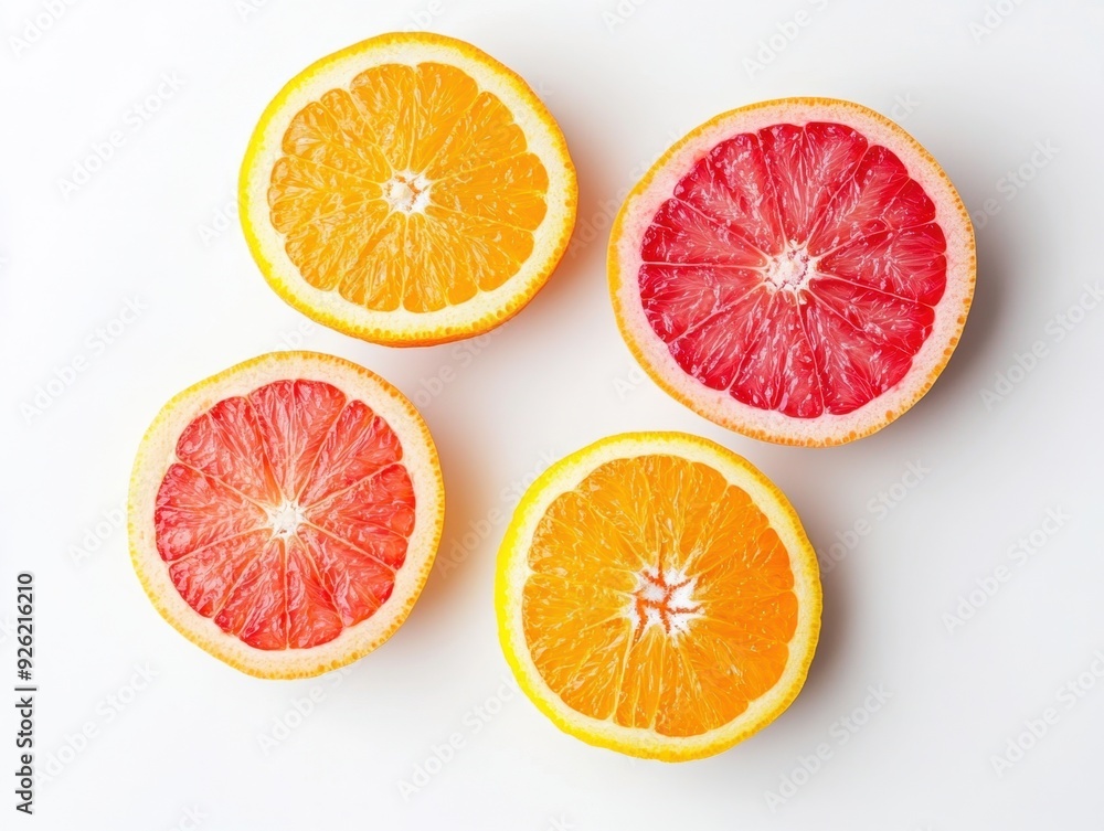 Slices of oranges and grapefruits arranged on a white background. Slices of oranges and grapefruits arranged on a white background.