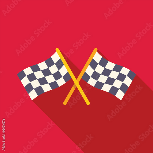Two crossed checkered flags are waving on red background, concept for competition, victory, success or arrival