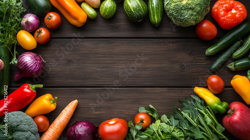 fresh colorful vegetable frame on a wooden background represent harvest, eting sesaonal foods and growind food for your text photo