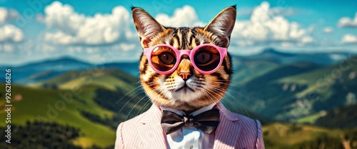 Cat, sunglasses, suit, bowtie, anthropomorphic, humor, surreal, mountains, sky, clouds, nature, fashion, dapper, gentleman, tabby, striped fur, pink, blue, green, summer, alpine, countryside, whimsica photo