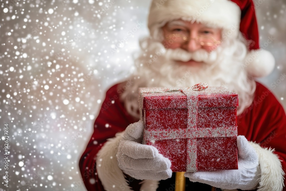 Santa Claus Holding a Red Gift Box with Snow Falling Santa Claus Holding a Red Gift Box with Snow Falling