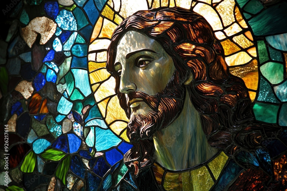 Stained Glass Jesus: Sermon on the Mount with Blues & Greens, Golden Divine Light , ai Stained Glass Jesus: Sermon on the Mount with Blues & Greens, Golden Divine Light , ai