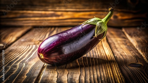 mysterious high-contrast shot of a sketches eggplant on a worn wooden table with soft warm lighting and shallow depth of field