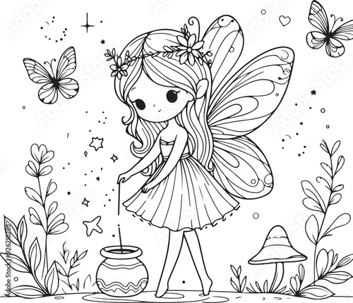 A beautiful fairy lineart coloring book illustration
