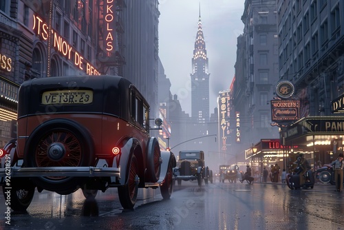 Bustling 1920s New York Street with Flappers, Businessmen, and Jazz.
