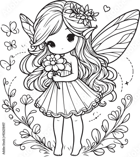 A beautiful fairy lineart coloring book illustration