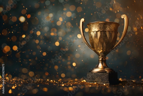 Golden trophy on a dark background with bokeh lights