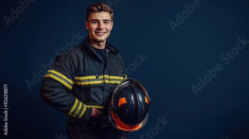 A smiling firefighter stands proudly with his helmet in hand, showcasing his uniform and dedication to service photo