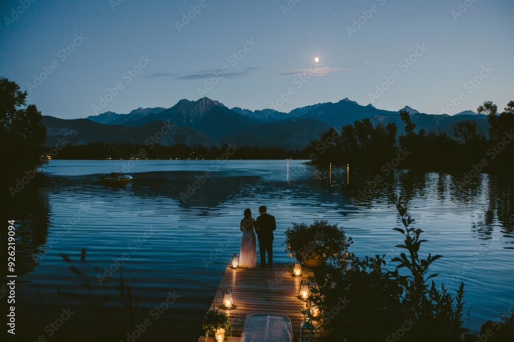 Obraz premium Serene Moonlit Lakeside Wedding with Romantic Floral Arrangements.