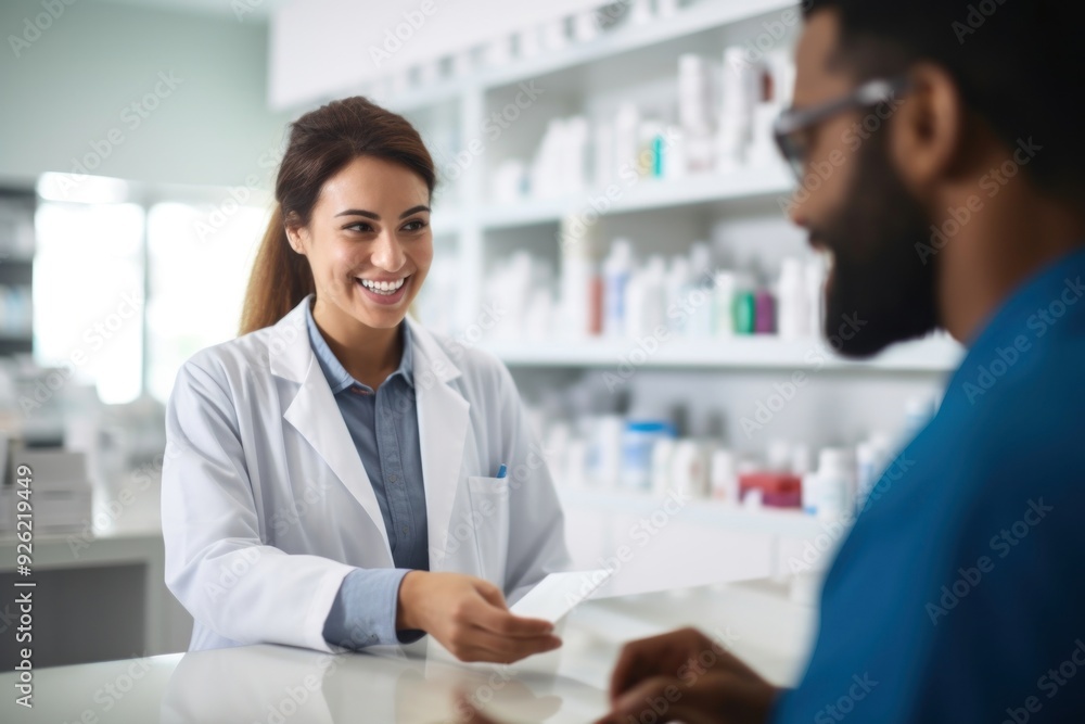 A pharmacist woman customer medicine smiling. A pharmacist woman customer medicine smiling.