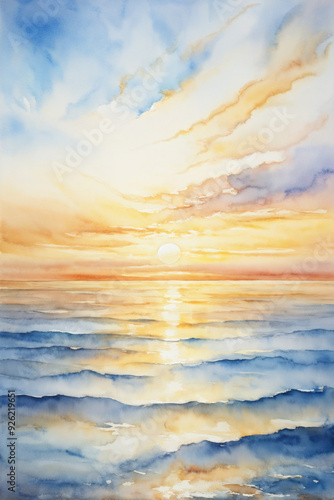 Bright Watercolor Sunrise with Soft Cloudscape