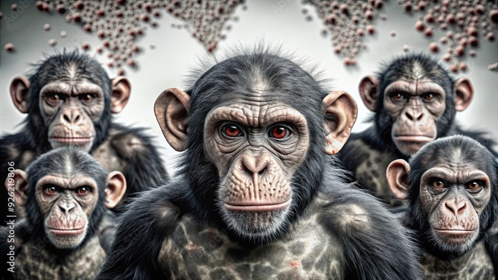 A group of monkeys are standing in a line, with one of them having red eyes A group of monkeys are standing in a line, with one of them having red eyes