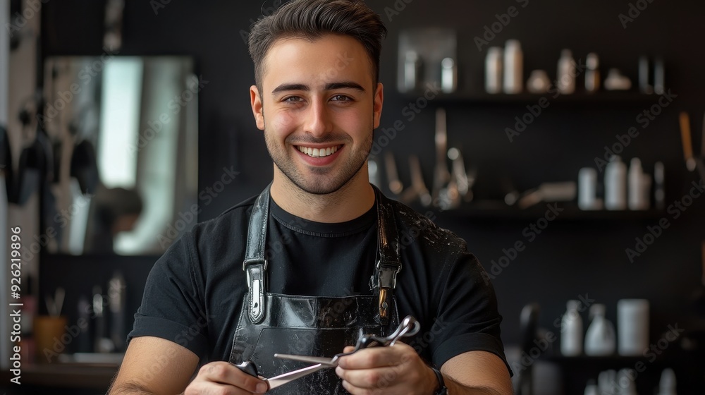 A barber showcases his skills in a stylish salon, ready to serve customers with a friendly smile A barber showcases his skills in a stylish salon, ready to serve customers with a friendly smile