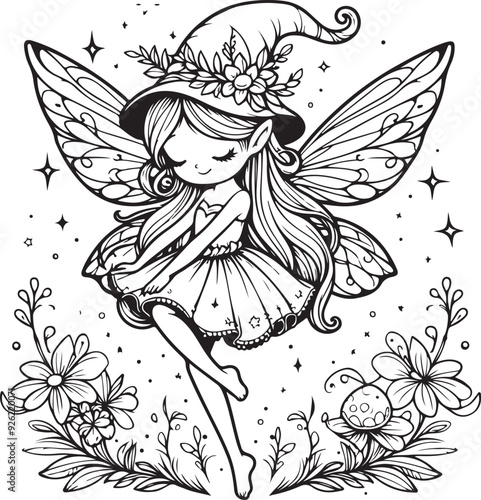 A beautiful fairy lineart coloring book illustration