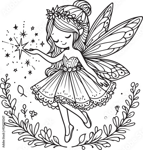 A fairy lineart coloring book illustration