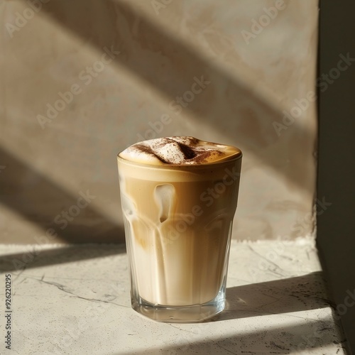 Iced Cappuccino on Frosted Grained Countertop, Side Shot, Studio Lighting, Chinese Minimalist Aesthetics