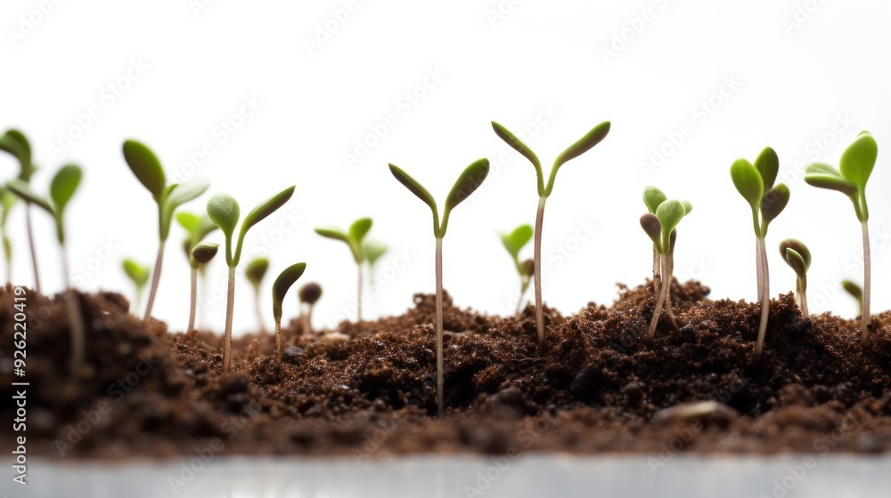 Close-up view of germinating seeds with tiny roots and shoots emerging from the soil, Close-up view of germinating seeds with tiny roots and shoots emerging from the soil,
