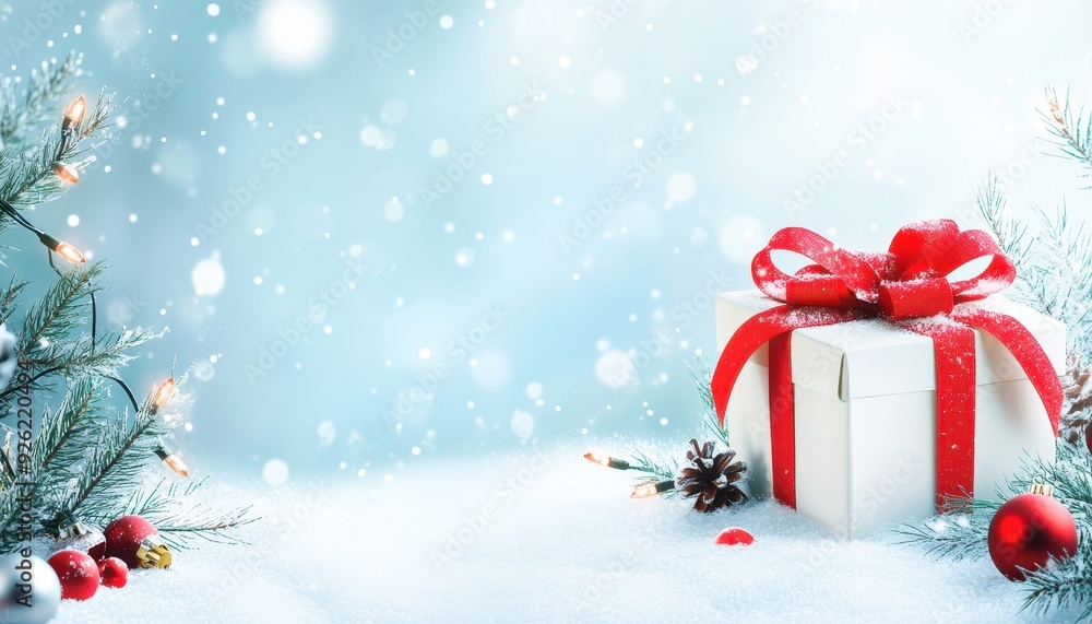 A White Gift Box with Red Bow and Christmas Decorations in Snow A White Gift Box with Red Bow and Christmas Decorations in Snow