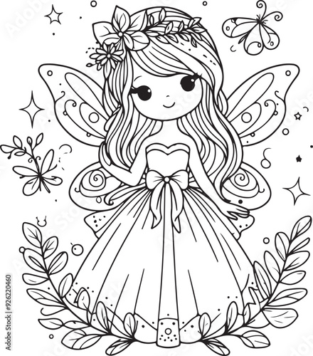 A fairy lineart coloring book illustration