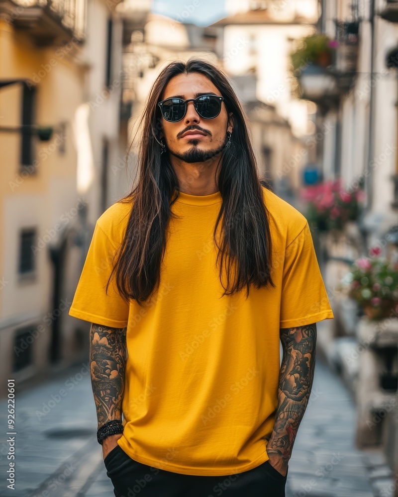 Fototapeta premium Model poses confidently in a vibrant t-shirt, surrounded by a picturesque street