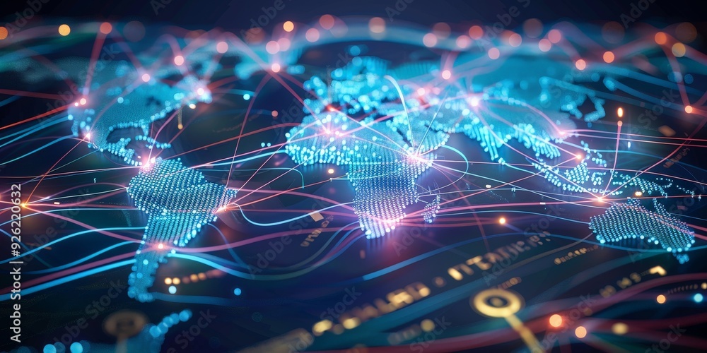 The image features a meticulously crafted world map with a high-definition focus on the intricate network of telecommunication and data exchange pathways connecting the globe. The image features a meticulously crafted world map with a high-definition focus on the intricate network of telecommunication and data exchange pathways connecting the globe.