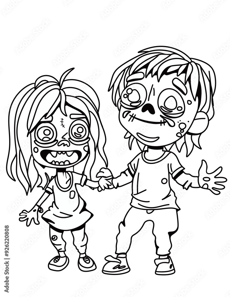 Naklejka premium A cute black and white illustration of cool monster girl and boy holding hands. Funny couple dancing and smiling adds carefree, quirky vibe for Halloween or character-driven designs.