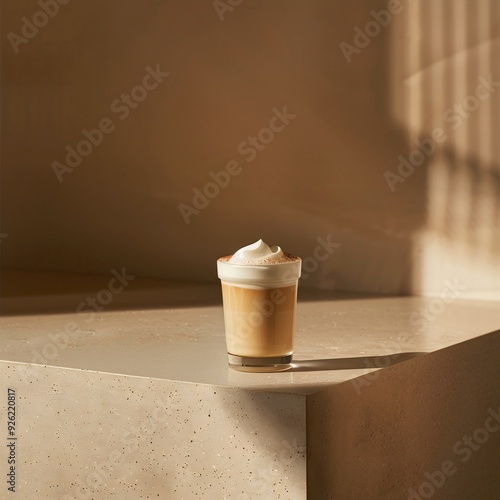Iced Cappuccino on Frosted Grained Countertop, Side Shot, Studio Lighting, Chinese Minimalist Aesthetics