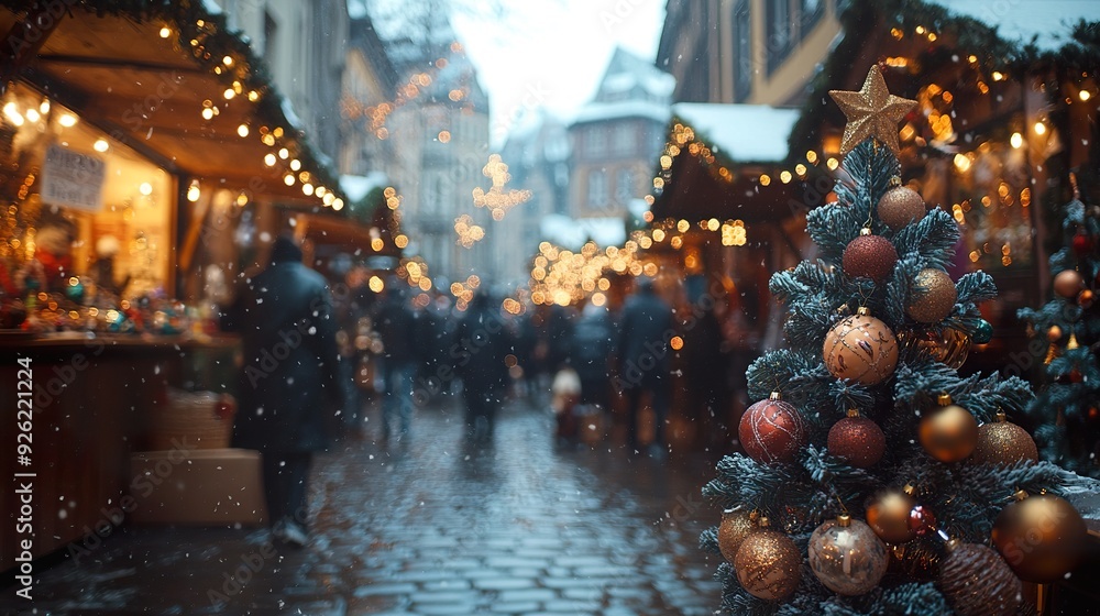 A bustling Christmas market with vendors selling handmade ornaments and warm drinks A bustling Christmas market with vendors selling handmade ornaments and warm drinks