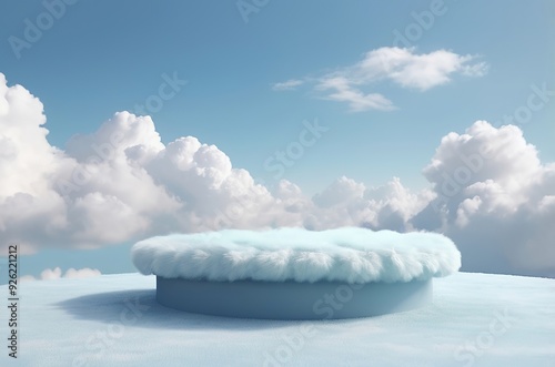 Fluffy, cloud-like podium with soft, pillowy textures and a light blue sky background. The dreamy and serene atmosphere is ideal for wellness or relaxation products. Made with generative AI technology photo