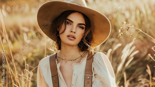 Woman in widebrimmed hat and metallic suspenders photo