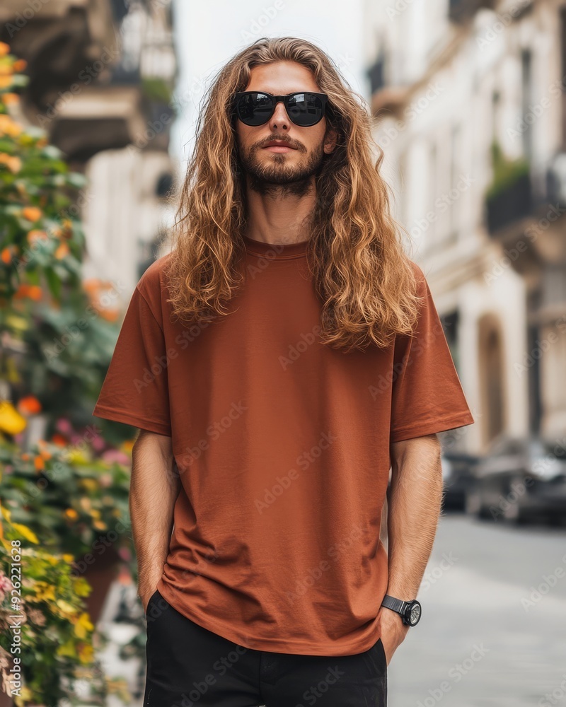 Handsome model confidently poses with sunglasses on a lively city avenue Handsome model confidently poses with sunglasses on a lively city avenue