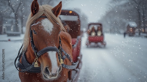 A classic sleigh ride through a snowy countryside with horses wearing jingle bells